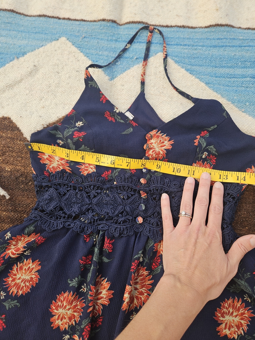 Boho Floral Maxi Dress Navy Blue Orange Floral Lace Waist Cottagecore Size M - Picture 8 of 11